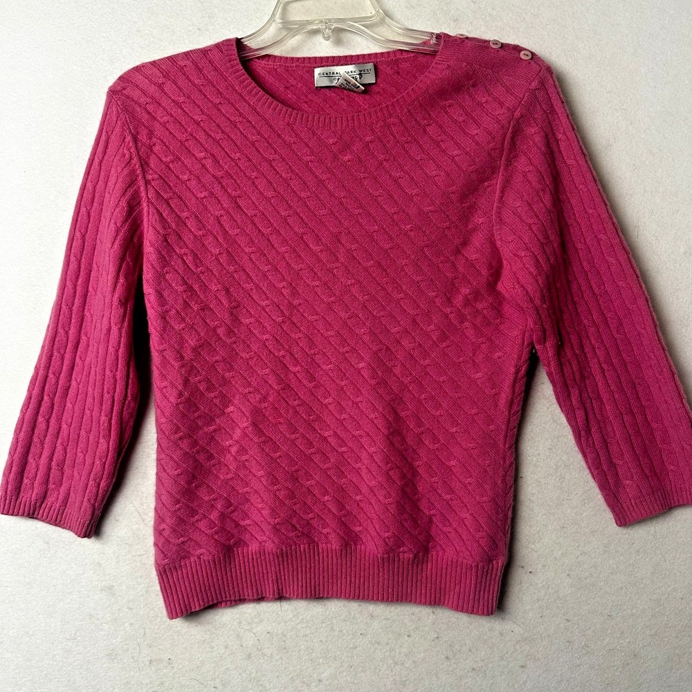 Central Park West Cashmere Sweater Pink Cable Knit Button Shoulder 3/4 Sleeve M